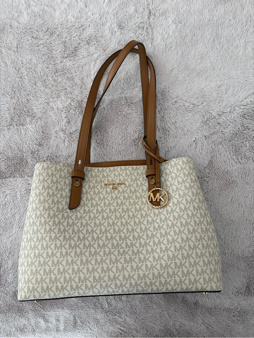 Michael Kors Cream Logo Tote with Tan Leather Straps